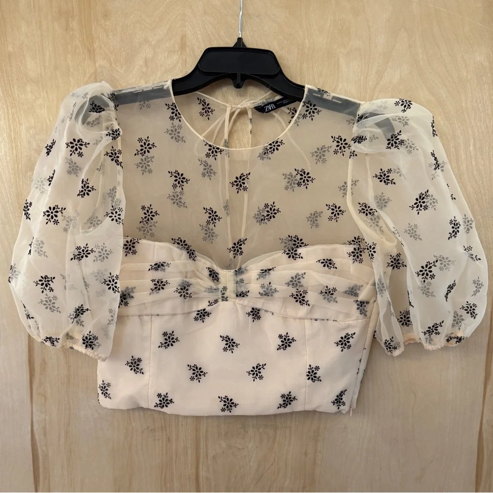 Zara Sheer Puff-Sleeve Floral Appliqué Top in Cream and Black